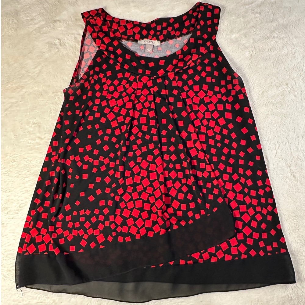 Roz & Ali Womens Sleeveless Blouse Red Black Geometric Square Print Size S